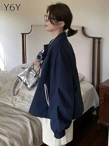 Y6Y 休闲简约立领拉链短夹克外套，女士时尚百搭修身上衣外套，适合秋冬季 - 藏藍色 - 查看 5