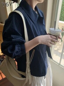 Y6Y 休闲简约立领拉链短夹克外套，女士时尚百搭修身上衣外套，适合秋冬季 - 藏藍色 - 查看 7