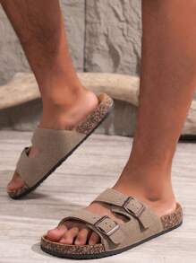 Męskie, wiosenno-jesienne, swobodne, jednokolorowe, zamszowe, z miękką, korkową fakturą, regulowane zapięcie na rzepy, ortopedyczne, wygodne, wsuwane kapcie, do noszenia wewnątrz i na zewnątrz, na ulicę, do domu lub na święta/urodziny, jako prezent pod prysznic