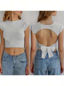 Women Cute Crop T-Shirts Casual Summer Solid Color Tie Up Backless Basic Cap Sleeve Tops For Streetwear - 灰色 - 查看 3