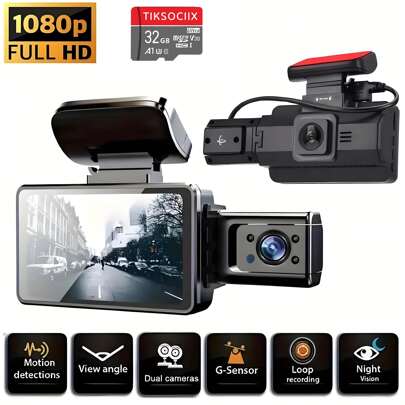 3英寸双镜头行车记录仪，32G内存卡，前后双通道录像，支持循环录像，夜视，广角，车载录像机，汽车黑匣子