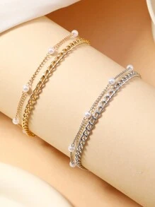 2 Pcs/Set Summer Boho Style Double-Layer Gold Color Anklet, Simple Fashion Decorative Vintage Anklet Suitable For Women Casual Wear