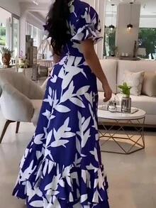 Plus Size Women Floral Print V-Neck Dress With Puff Sleeves & Ruffle Hemline, Polyester Knot Detail, Back Zipper, Elegant Vacation Dress For Spring, Summer & Autumn