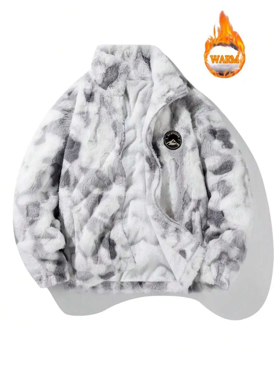 Men's Stylish Tie-Dye Fleece Jacket - Warm, Thick Stand Collar Coat For Fall/Winter -Trendy Item