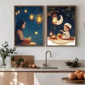 1/2 张装饰海报，现代卡通风格，夜幕降临，阿拉伯灯笼悬挂，女人虔诚地坐着祈祷，小男孩斋戒后吃饭，表现出对信仰的承诺，追求内心的平静，对生活的感激，庆祝的场景，节日礼物，帆布印刷品，墙壁艺术，客厅，卧室，家居装饰，无框，无框架生日毕业