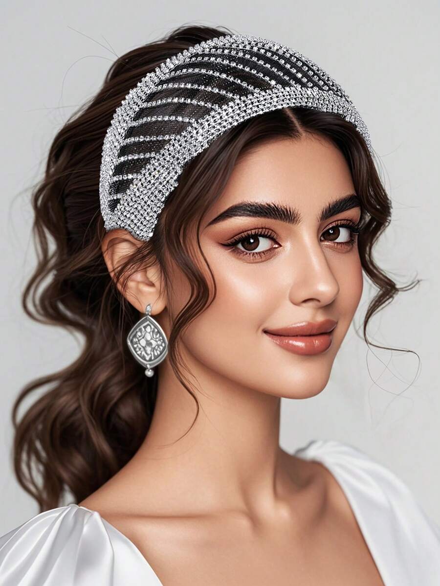 1pc Handmade Fully Rhinestoned Decorative Elastic Headband, Shiny, Suitable For Women Daily Wear, Party, Gathering, Photography