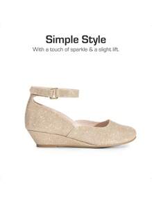 Girls Wedding Shoes | Dress Flats With Low Wedge Heel & Flower Ankle Strap For Toddler To Big Kid - Vàng - Xem 8