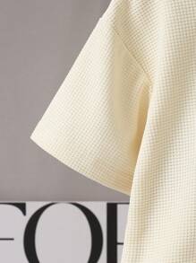 2pcs Young Boy Summer Outfit: Beige Waffle Top + Shorts Set - Apricot - View 5