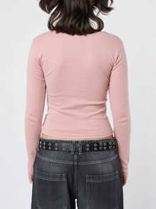 Women's Spring Summer Fitted Crop Tops Long Sleeve Crewneck Graphics Print Slim T-Shirt - Pink - View 4