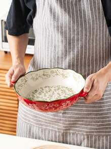 Assadeira redonda de cerâmica pintada à mão, com estampa floral vintage vermelha e alças, ideal para saladas, grelhados, assados, sobremesas e para fazer pizza e massas, para forno e micro-ondas, utensílios de cozinha
