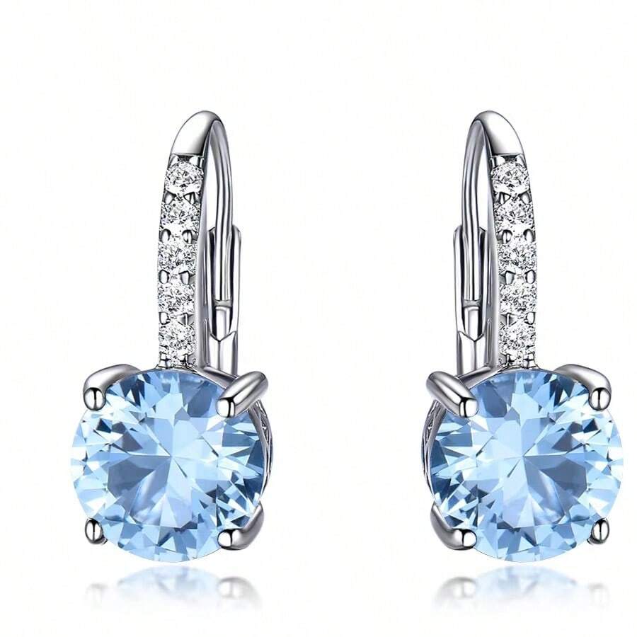 Cercei cu agrafă din argint 925, albastru safir, rotunzi, 4 gheare, 5A, zirconiu, 8 mm, cadou de zi de naștere pentru femei, potriviți pentru purtarea zilnică