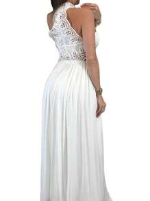 Women  Out Lace Halter Dress, Crochet High Waist Pleated Maxi Dress Wedding Party Dress - 白色 - 查看 2