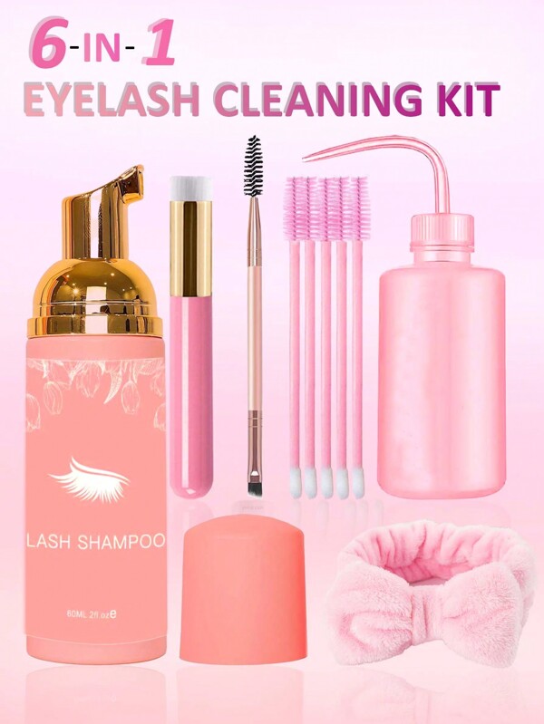 60ml PINK Bottle Eyelash Extension Shampoo + Brush +WASH BOTTLE /2.02 Fl.Oz/ 60ml / Eyelid & Eyebrow Foaming Cleanser/Wash For Extensions & Natural Lashes/Safe Makeup Remover/Supplies For Professional & Home Use