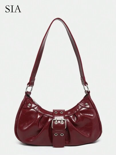 1pc Women's Vintage Style Melange Washed Distressed Leather Biker Bag With Rivet, Buckle, Pleated Cloud Decor, Shoulder/Underarm Bag, Suitable For Work, Commute, Date, Party, Fashionable Burgundy Bag, Retro Inspired Bag For Women, Vintage Bag For Women, Street & Japanese Bag For Women, Halloween Purse Perfect For Fancy Party Halloween Fashion & Gothic Fashion , Red Bag , Y2k , Burgundy Bag