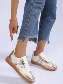 Women's Red Black Leopard Beige Gold Retro German Trainers – Lace-Up Low-Top Casual Sneakers [Size Up Half Size] - 金色 - 查看 2
