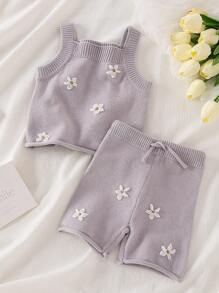 2pcs Baby Girls Knitted Romper & Sweater Set, Autumn/Winter - Mauve Purple - View 1