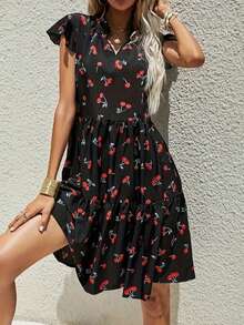 Women Cherry Print V-Neck Cap Sleeve Mini Dress - Black - View 4