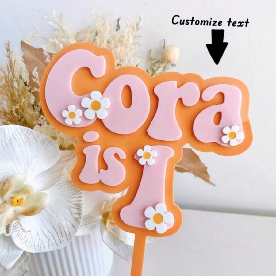 1pc Personalised Double Layer Acrylic Cake Topper, Daisy Flower Cake Topper, Groovy Birthday Custom Name Cake Topper, Dessert Table Decor For Parties, Ornamental Baking Accessory, Customized Cake Topper, Glitter Cake Toppers - Multicolor - View 1