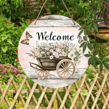 1 Piece, Rustic Style Wooden Welcome Wreath Sign, Pink Flower Farm Decoration, Circular Wall Listing, Manufactured Wood, English Text, Multi-Purpose Home And Outdoor Use, Spring And Summer Decoration