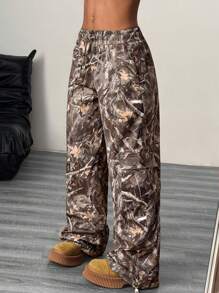 Y2K 风格弹性腰部复古休闲印花降落伞裤，四季皆宜 - 棕色 - 查看 4