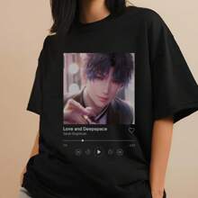 Rafayel Love And Deepspace Spotify Shirt Oversized LADS Otome Game Aesthetic T-Shirt, Oversized Short Sleeve Classic Heavy Cotton T Shirt Printed Graphic Tee Women's Casual Short-Sleeved Top - 黑色 - 查看 1