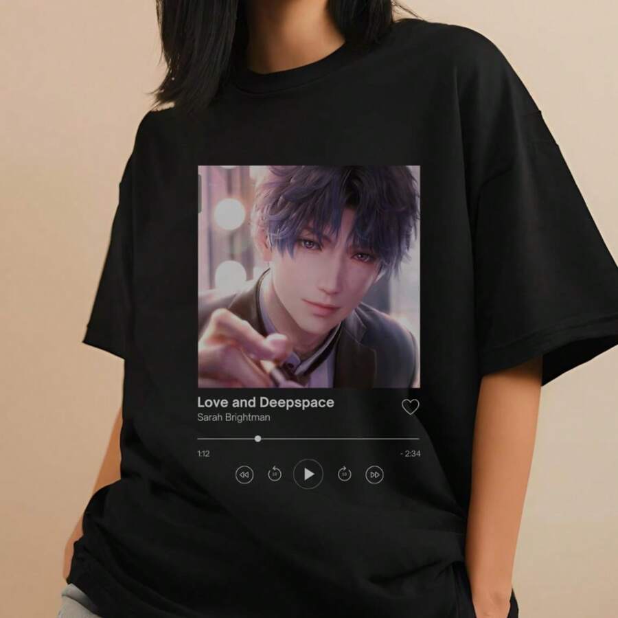 Rafayel Love And Deepspace Spotify Shirt Oversized LADS Otome Game Aesthetic T-Shirt, Oversized Short Sleeve Classic Heavy Cotton T Shirt Printed Graphic Tee Women's Casual Short-Sleeved Top - 黑色 - 查看 1