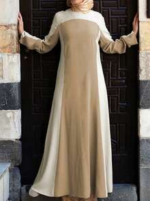 Neuer Frühling 2026 Mittlerer Osten Stil Lässiges Langkleid für Frauen, Beige & Hellbraun Farbblock Rundhals, Elegant für tägliche Ausflüge & leichte gesellige Anlässe