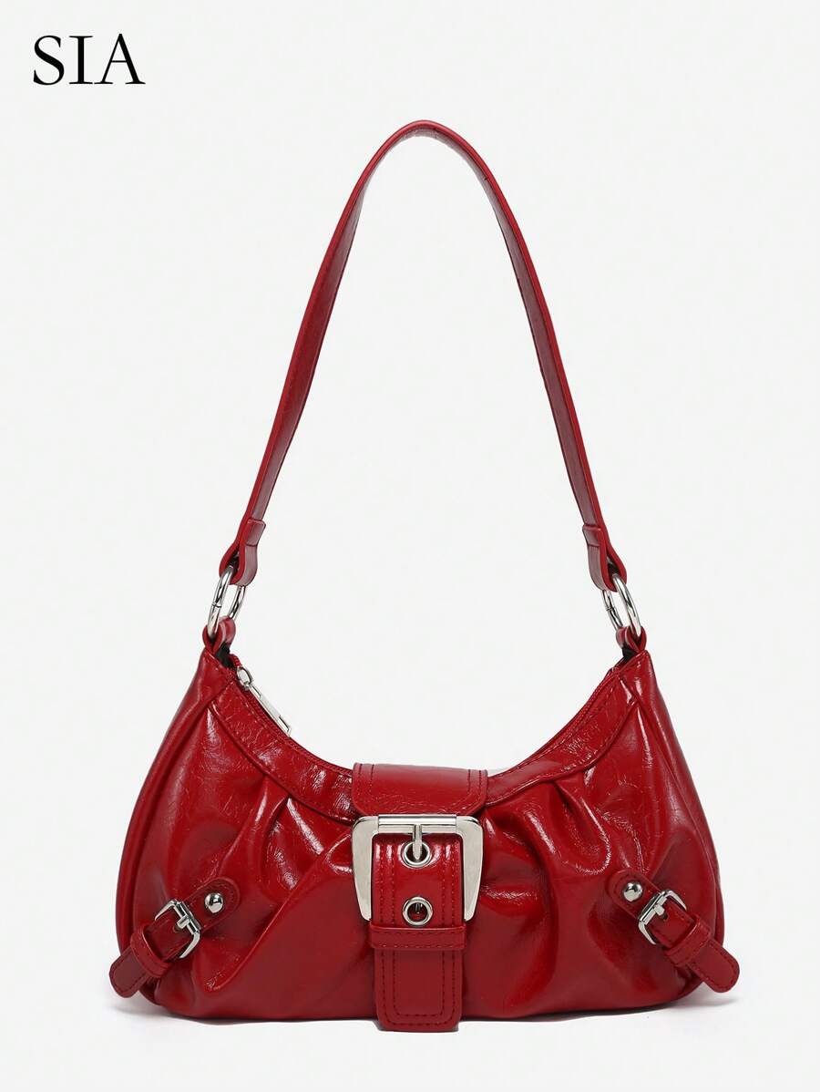 1pc Women Retro Distressed Leather Motorcycle Bag With Rivet, Buckle, Ruched Cloud Decor, Shoulder /Underarm Baguette Bag For Work, Commute, Date, Party Valentines - Red - View 1