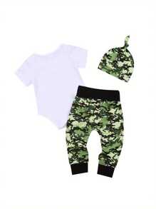 Newborn 3Pcs Romper Set Short Sleeve Letter Printed Bodysuit Long Pants And Hat - 白色 - 查看 2