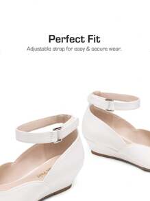 Girls Wedding Shoes | Dress Flats With Low Wedge Heel & Flower Ankle Strap For Toddler To Big Kid - trắng - Xem 7