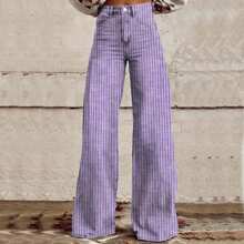 Women Y2K Striped Jeans High Waist Button Wide Leg Casual Denim Pants Bootcut Flare Boyfriend Trousers With Pockets Streetwear - 紫色 - 查看 1