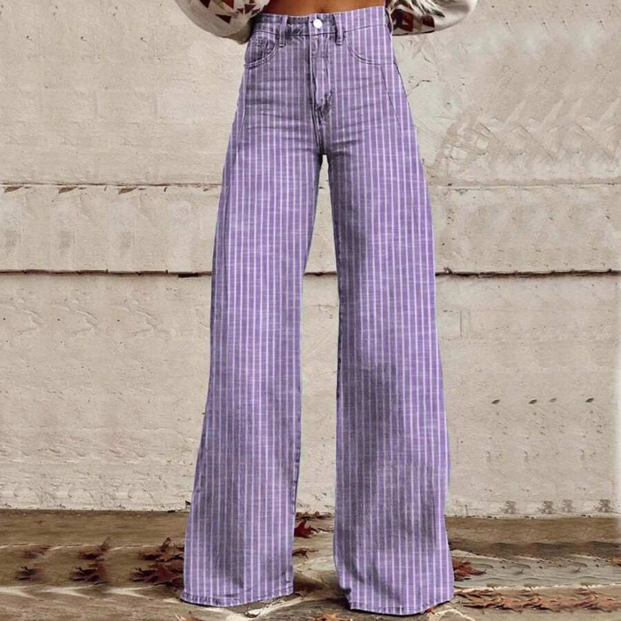 Women Y2K Striped Jeans High Waist Button Wide Leg Casual Denim Pants Bootcut Flare Boyfriend Trousers With Pockets Streetwear - 紫色 - 查看 1