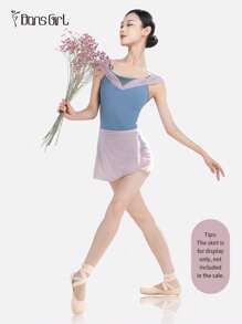 DonsGirl 1pc Women's Off-Shoulder Mesh Ruched Front Ballet Leotard, Sweet & Slim Fit Princess Style Jumpsuit - Blue - View 4