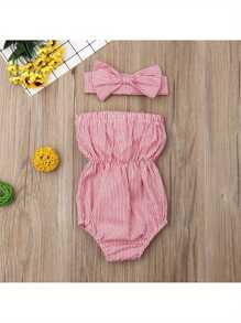 Vintaside Kids 2 piezas/set Enterizo rayado elegante y adorable con moño y diadema para fiesta de verano de niñas bebés - Rosa - Ver 2
