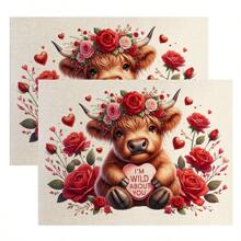 Valentine's Day Placemats-Set Pink Highland Cow Tablecloths 4/2/1 Pc Table Mats Red Heart Place Mats Valentines Decorations Heart Placemats For Memorial Day Decor - Khaki - View 15