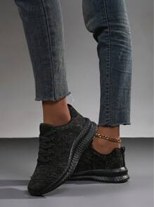 Women's Metallic Decor Fashion Sneakers, Multifunctional High-Arch Design, Lace-Up Fabric Running Shoes, High-End Women's Fitness Shoes, Casual Shoes