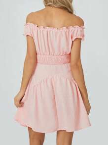 Women Summer Short Dress Solid Color Ruched Bust Boat Neck Off Shoulder Puff Sleeve A-Line One Piece For Ladies - Pink - View 6
