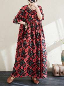 Topy, Topy, Czeskie Sukienki Damskie Casual, 2025 Lato Nowe Okrągłe Dekolty Nadruk Mankiety Luźne Przewiewne Spódnice, Casualowe Sukienki Na Plażę Z Krótkim Rękawem