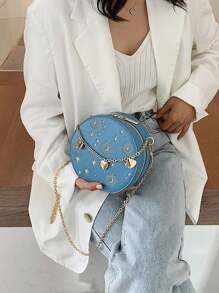 迷你刺绣圆包，链条心形装饰斜挎包，星月图案圆形钱包情人节礼物，PU复古小圆包，女士法式链条包，时尚刺绣单肩斜挎包 - 藍色 - 查看 10