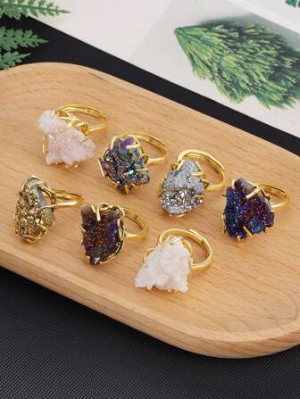 1 Stück CSJA Drusy Kristall Stein Ring für Frauen und Mädchen, luxuriöse goldfarbene asymmetrische Naturstein Regenbogen Drusy Finger Ring Schmuck, Valentinstag Geschenk H558