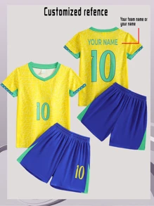 Boys 1pc Customized Graphic Contrast Trim Sports Tee & Shorts Stylish, Fashion, Hipster, Casual, Minimal Chic Personalized, Customized, Custom, Unique Guy Costumes, Capsule Wardrobe, Boy Basic/Street Style Ideal Gifts For Him Boyfriend, Family, Friends For Birthdays, For Vacation/Holiday, For School/Competition, For Sports/Climbing,Customized Boys Sports & Entertain Wear,Easy Comfort