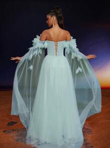 Anymoon Elegant Off Shoulder Mesh Applique Long Evening Dress, Party Dress, Wedding Guest Dress, Formal Dress,Gown