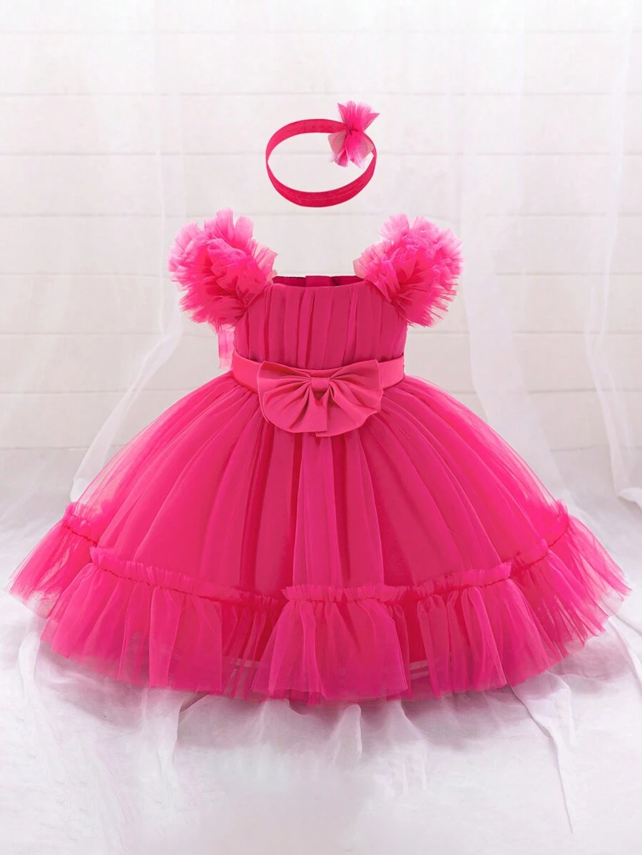 1pc Baby Girls Ruffle Tulle Bow Cute 1st Birthday Party Dress, Suitable For Flower Girl Wedding Celebration, Hair Band Included