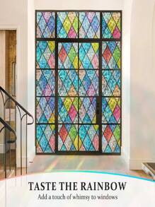 窗户隐私膜彩色玻璃窗贴 3D 彩虹膜适用于玻璃门装饰彩色格子贴纸静电贴遮阳窗帘适用于家庭，