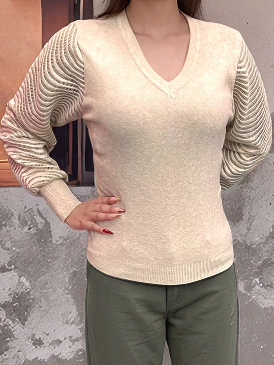 Retro V-Neck Hollow Lantern Sleeve Mesh Sweater And Elegant Top