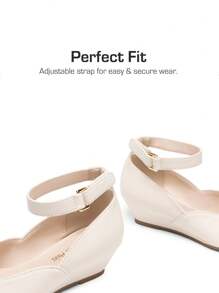 Girls Wedding Shoes | Dress Flats With Low Wedge Heel & Flower Ankle Strap For Toddler To Big Kid - Màu be - Xem 7