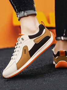 Men's Casual Low-Top Sneakers, Lightweight Comfortable Flat Outdoor Running Walking Shoes - White Orange - View 2