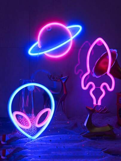 1 pieza Luz de neón LED con forma de alien/cohete/planeta con gancho, para colgar en la pared, alimentada por USB y batería, lámpara de neón con forma de Saturno, adecuada para habitación de niños, dormitorio, pared, fiesta, dormitorio, sala de juegos, decoración de boda, también es un gran regalo de cumpleaños para amigos o niños