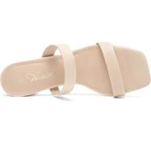 Athlefit Stylish Women's Two Strap Open Toe Heels Sandals Chunky Block Comfortable Slip On Low Heel Dress Shoes - Nude - View 3