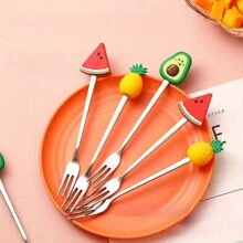 3pcs-Cute Cartoon Fruit Fork Set, Stainless Steel, Multiple Colors, Perfect For Desserts And Cakes, Kitchen And Cutlery,School Supplies